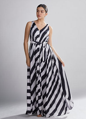 White & Black Stripe Long Dress HWD-0054