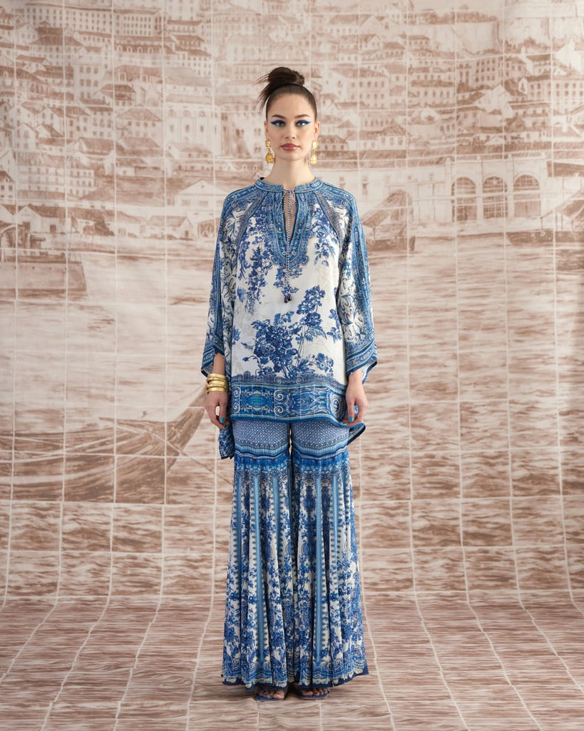 White & Blue Kaftan & Shara Set HWB-0003