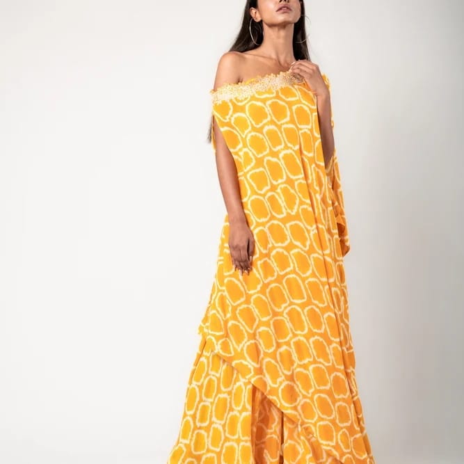 Mustard Off Sholder Cape With Gharara Set HTD-0001