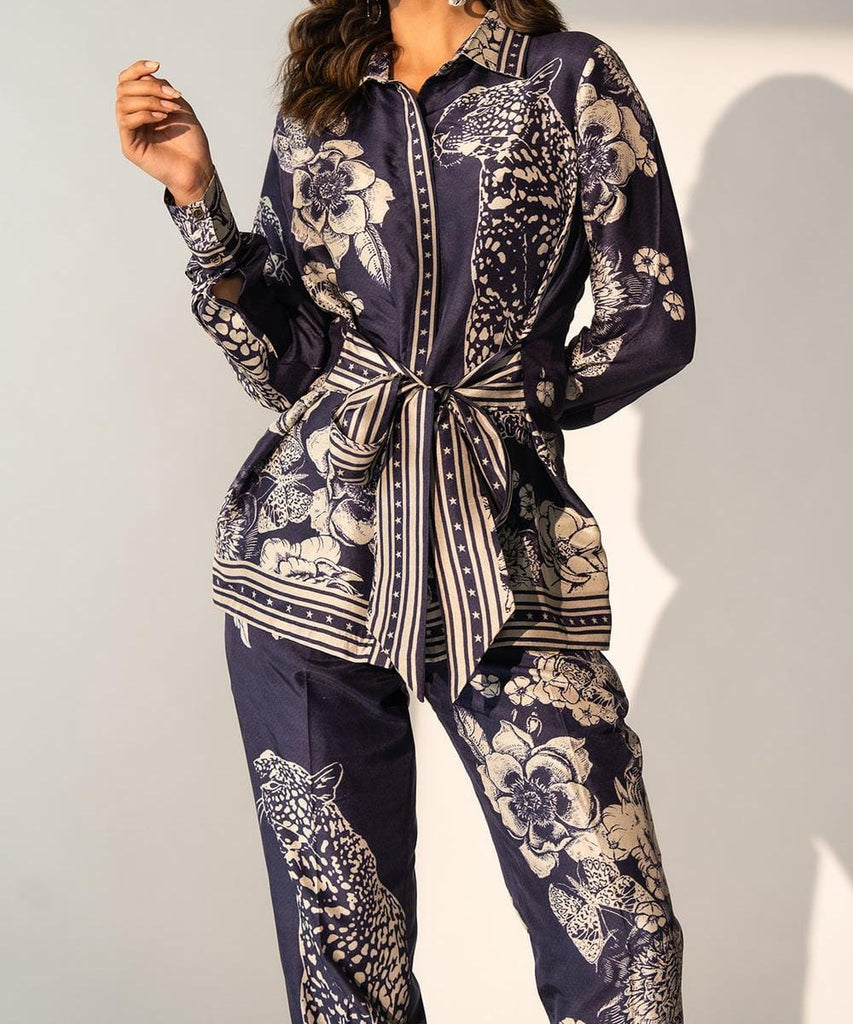 Blue Printed Silk With Front Tie Up