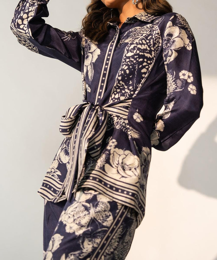 Blue Printed Silk With Front Tie Up