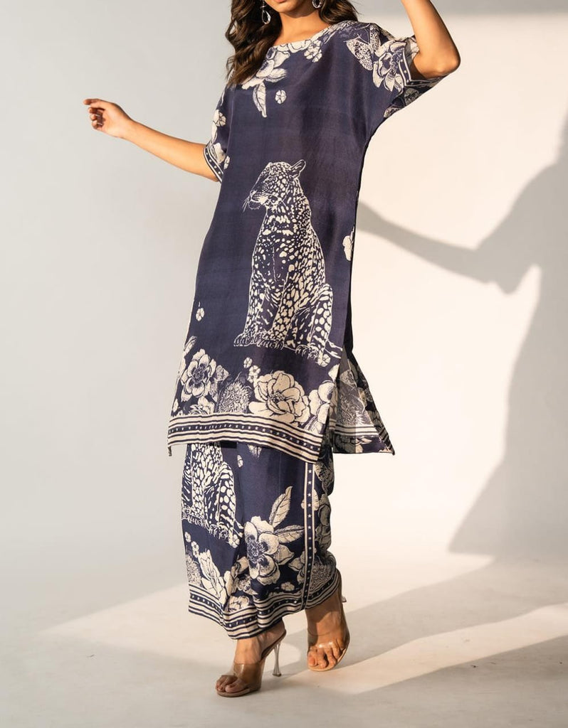 Blue Tiger Floral Garden Printed Silk Batwing Sleeve Kurta