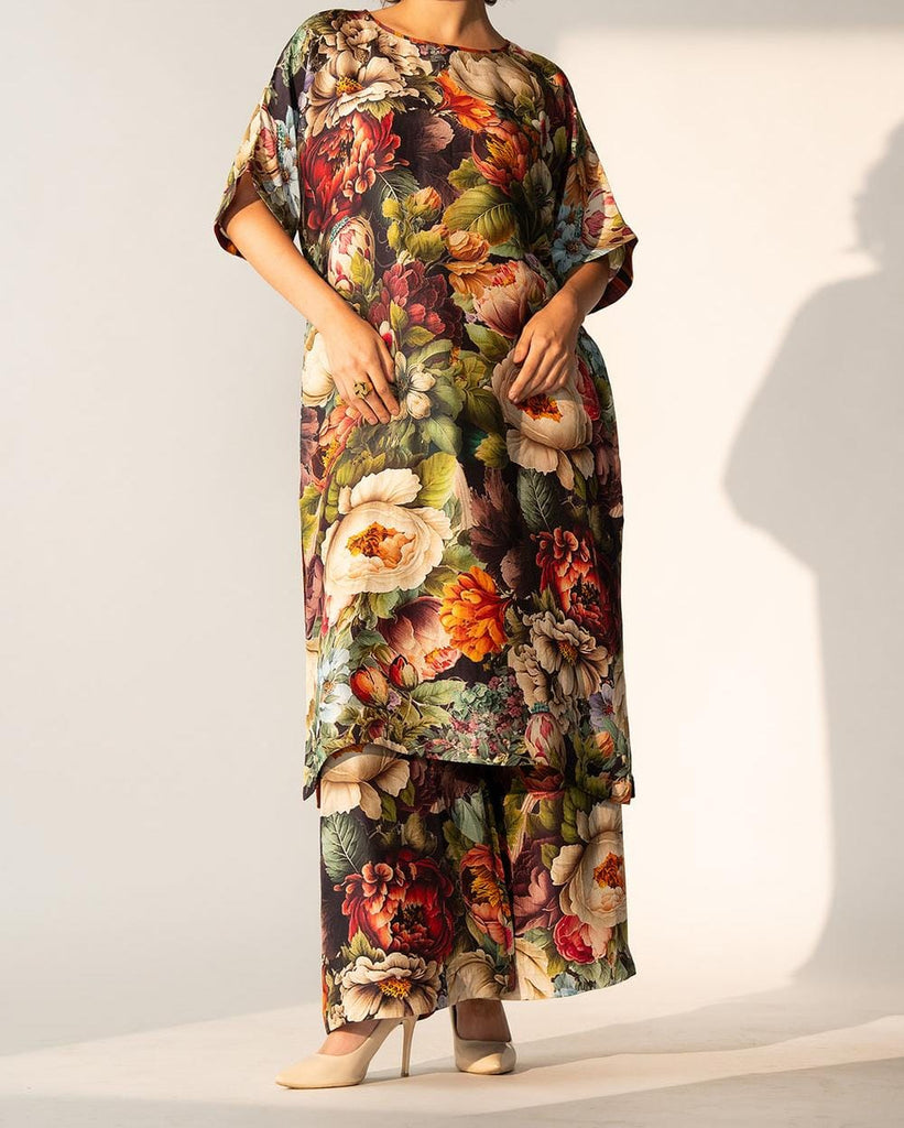 Multi Floral Garden Printed Silk Batwing Sleeve Kurta