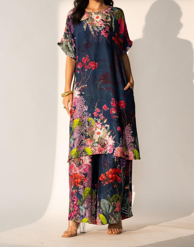 Blue Pink Floral Garden Printed Silk Batwing Sleeve Kurta
