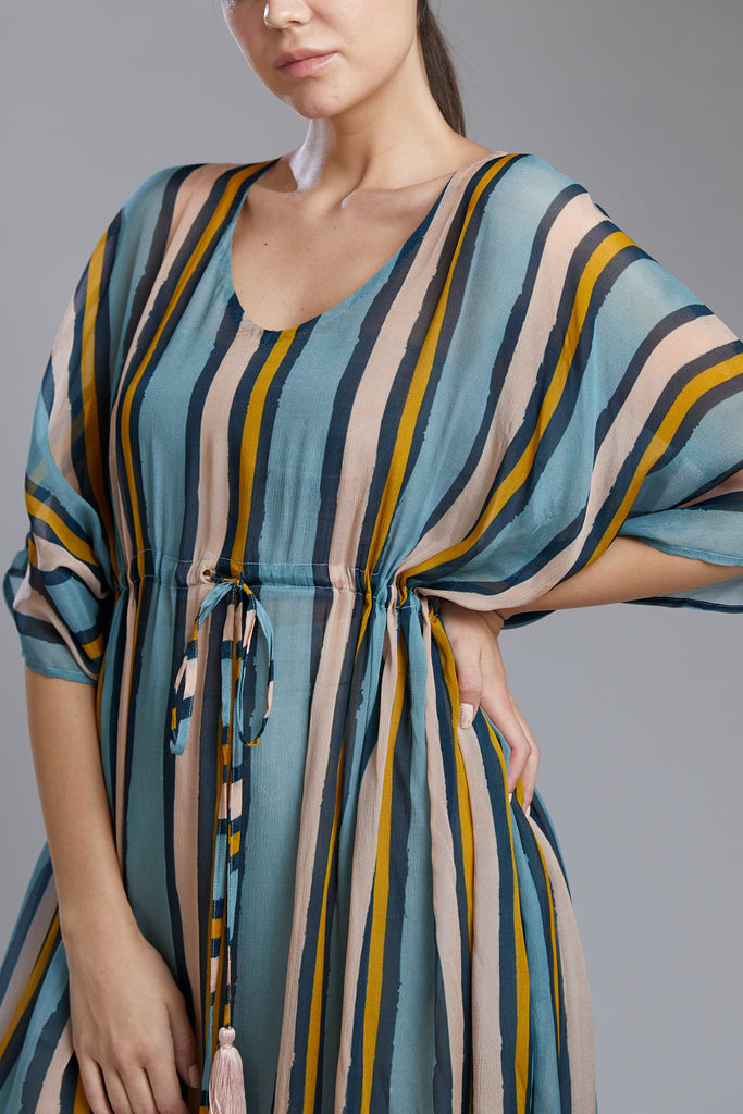 Yellow Blue Lines Long Kaftan HLK-0165