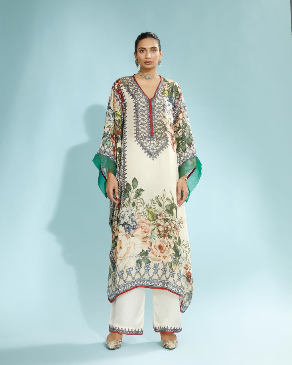 Beige Floral Kaftan Set HVF-0007