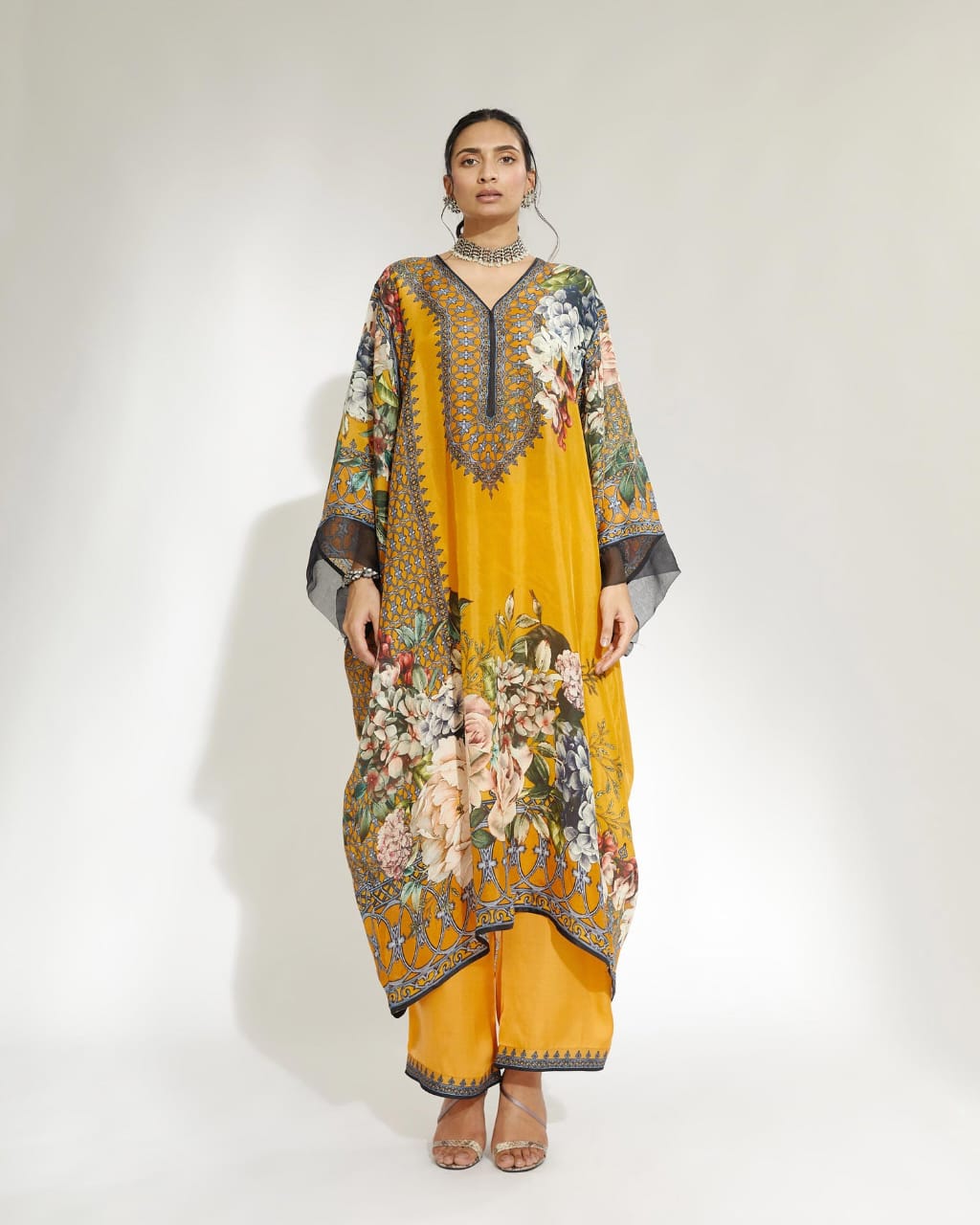 Mustard Floral Kaftan Set HVF-0008