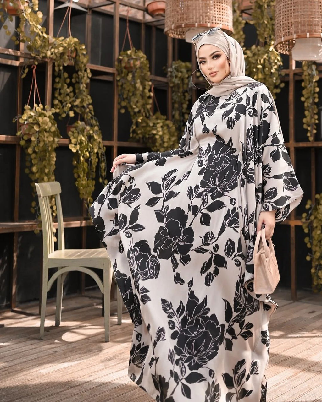 Floral Black Floral Kaftan Abaya HLK-0088