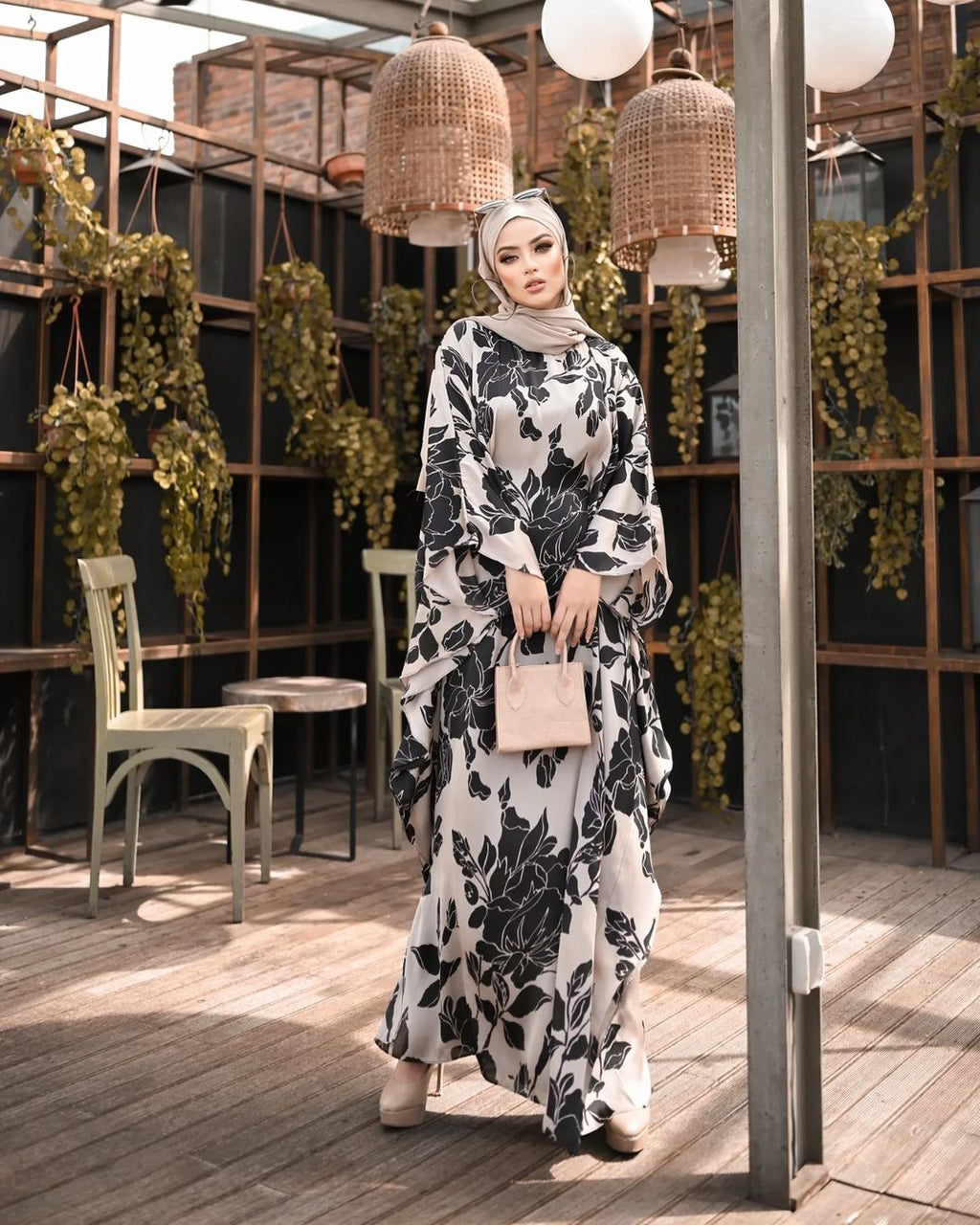 Floral Black Floral Kaftan Abaya HLK-0088