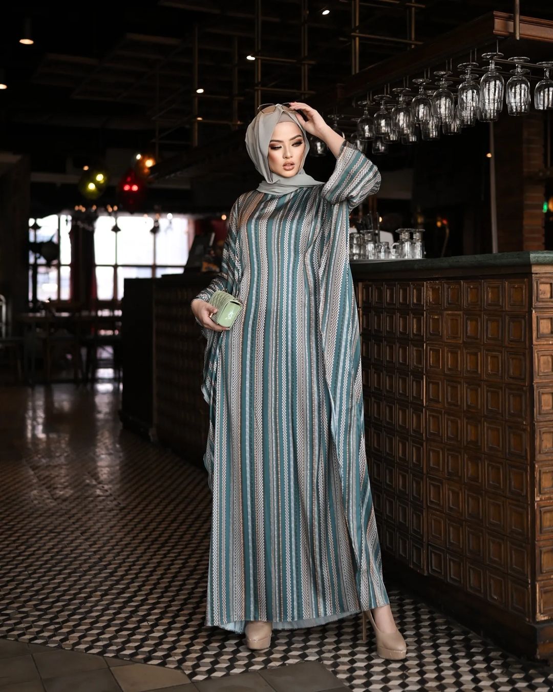 Green Lines Abaya Kaftan HLK-0074