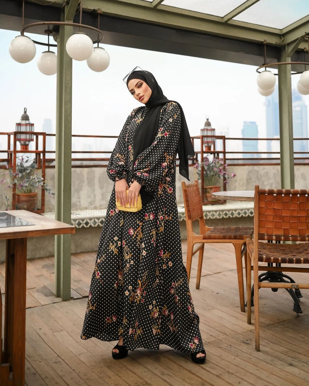 Black Dots Floral Abaya HAC-0021