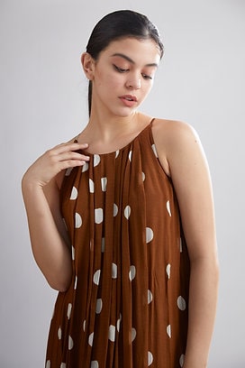 Brown & Cream Polka Dot Pleated Dress HLF-0053
