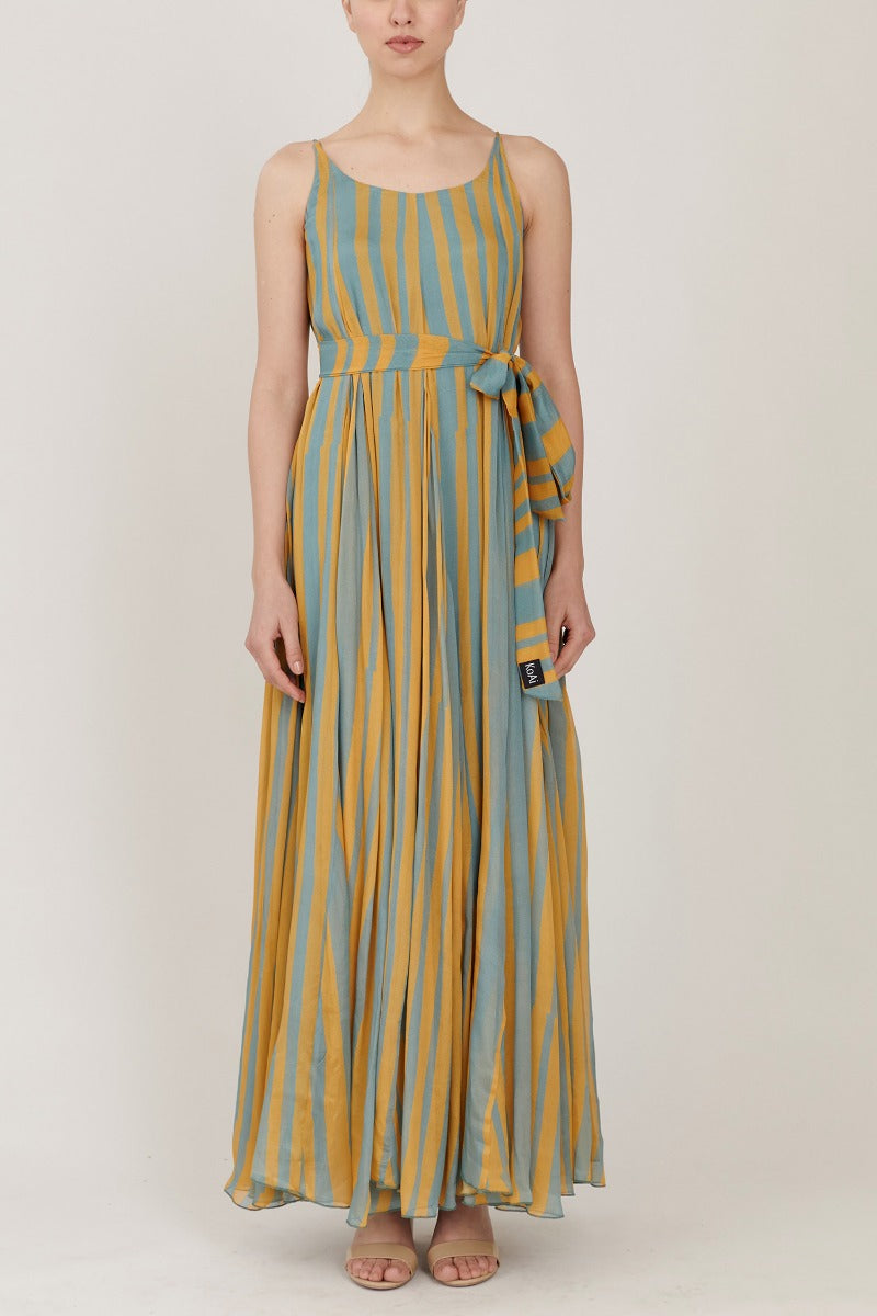 Grey & Yellow Striped Long Dress HWD-0037