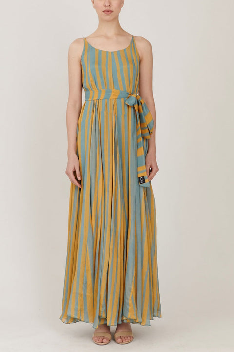 Grey & Yellow Striped Long Dress HWD-0037