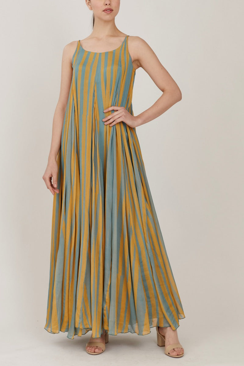 Grey & Yellow Striped Long Dress HWD-0037