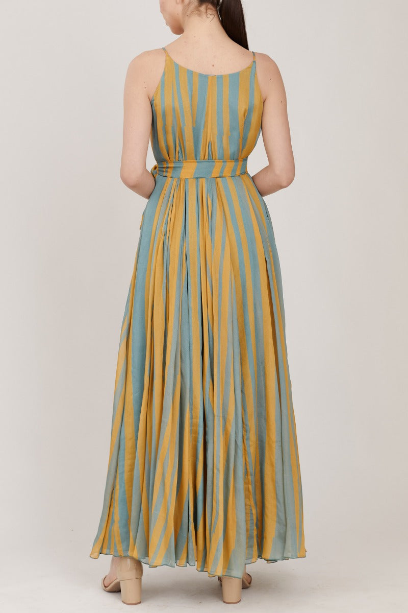 Grey & Yellow Striped Long Dress HWD-0037