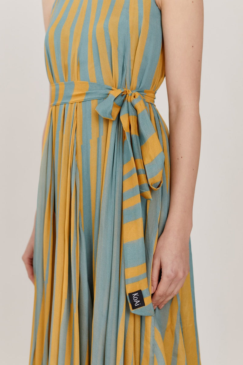 Grey & Yellow Striped Long Dress HWD-0037