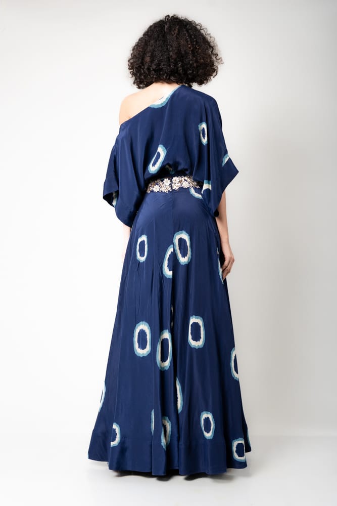 Blue Off Sholder Top With Cirular Pants Set HTD-0002