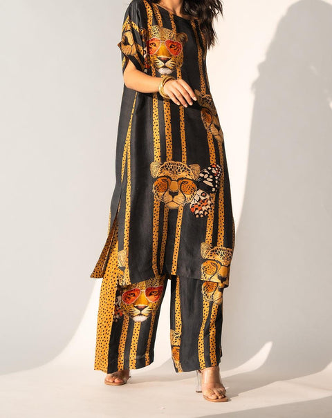 Orange Tiger Design  Printed Silk Batwing Sleeve Kurta