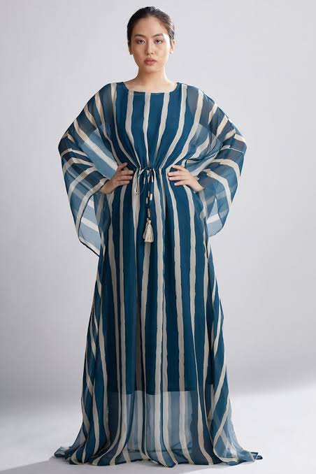 Teal Colored Line Kaftan HLK-0162