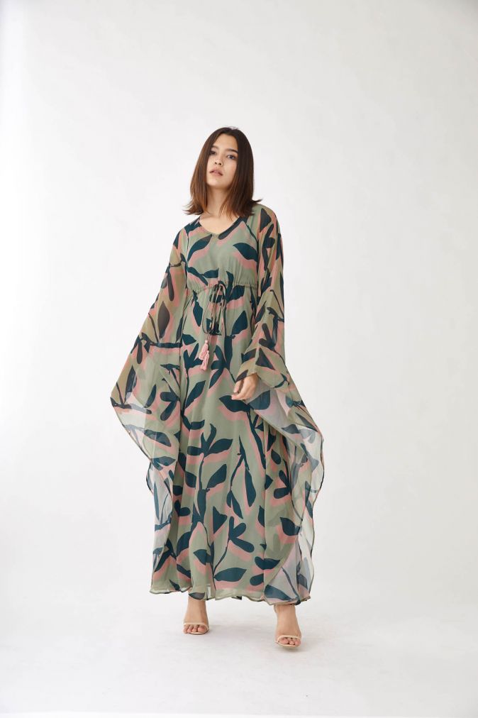 Pink Olive & Green Floral Kaftan HLK-0057