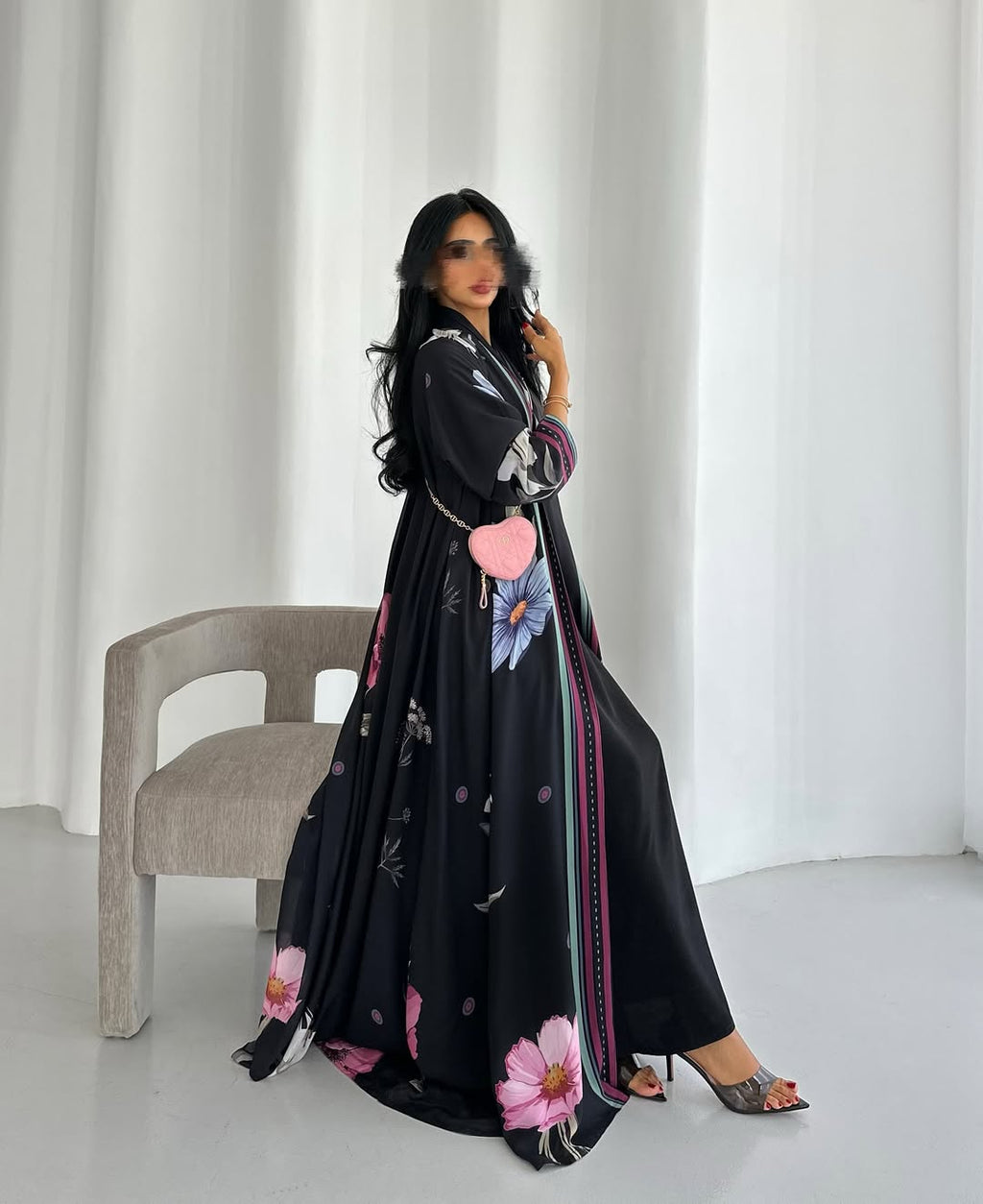 Black Floral Abaya Gown with Scarf