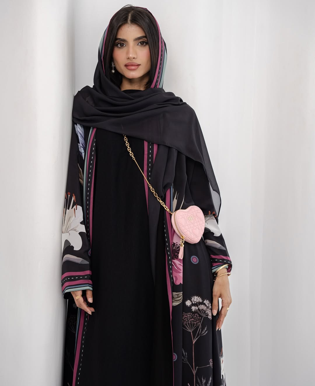 Black Floral Abaya Gown with Scarf