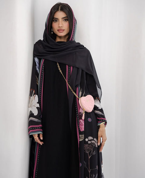 Black Floral Abaya Gown with Scarf