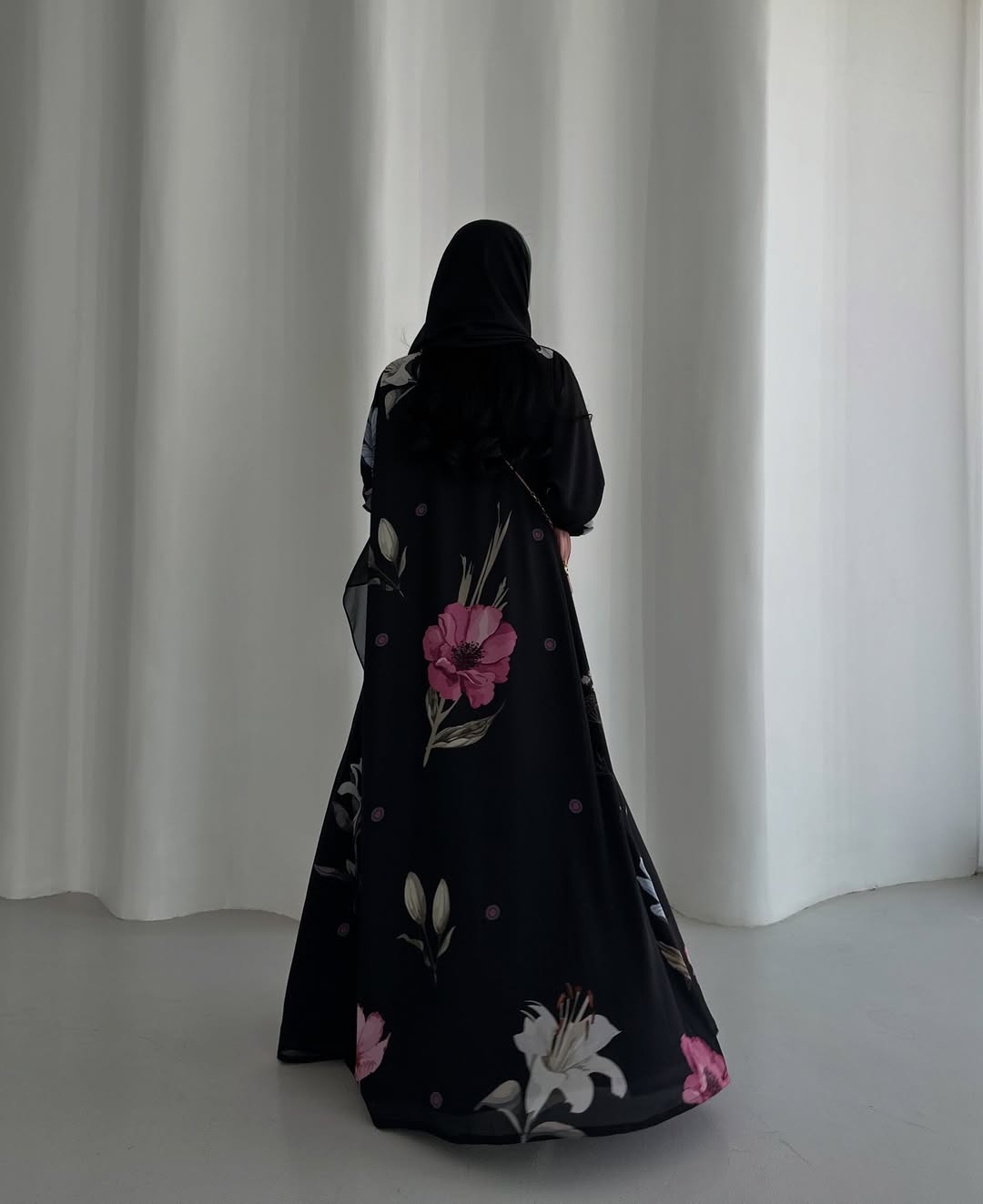 Black Floral Abaya Gown with Scarf
