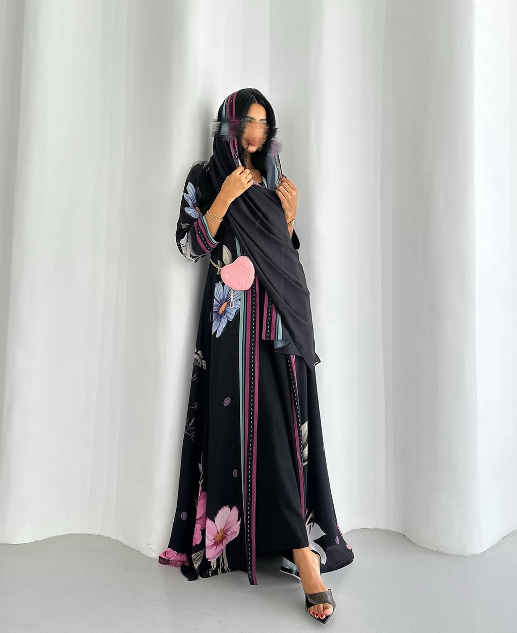 Black Floral Abaya Gown with Scarf